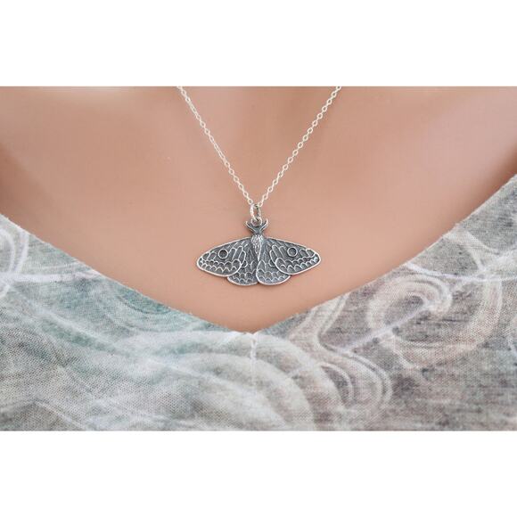 Sterling Silver Dimensional Moth Charm Necklace - Picture 2 of 4